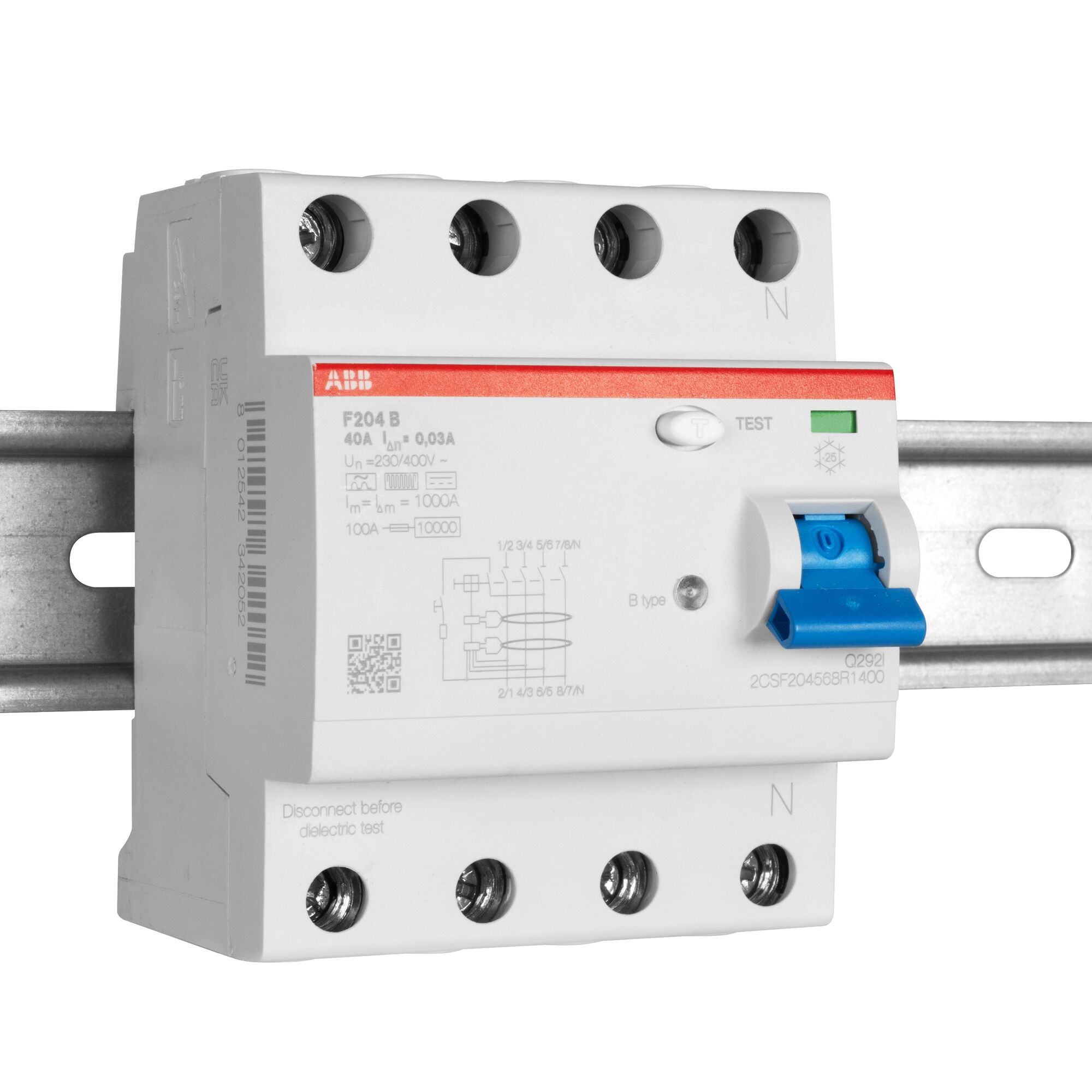 ABB F204B-40/0,03 FI‑Schutzschalter 4‑polig | 40 A + 30 mA Typ B | 400 V AC | 3 kA Stoßstrom | 4TE, -25 °C – +70 °C allstromsensitive
