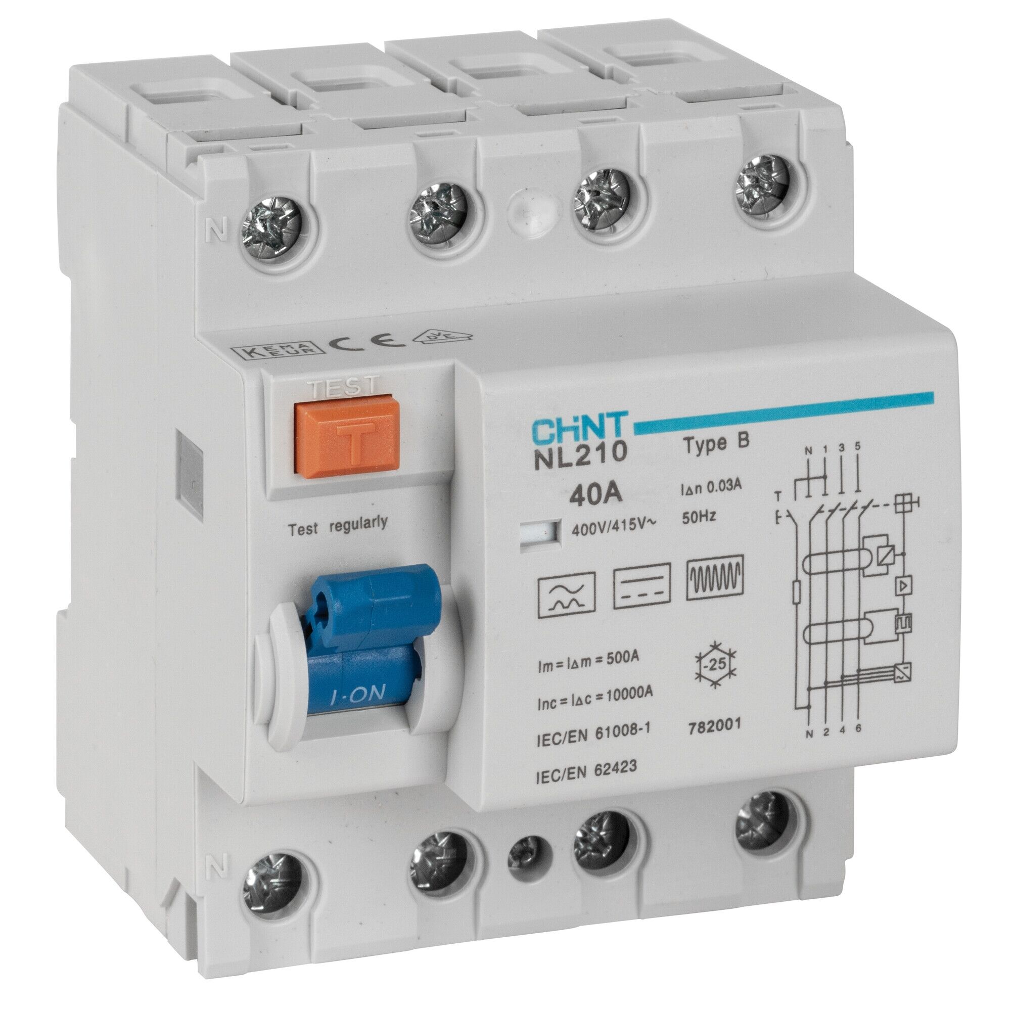 CHINT NL210‑63 4‑poliger allstromsensitiver FI‑Schutzschalter 40 A | Typ B – 30 mA Auslösestrom, 400 V, 10 kA B‑Ausschaltvermögen, IP20, VDE/CE & Hutschienen‑Montage