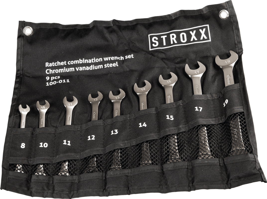 STROXX 9‑tlg. Maul‑ & Ring‑Ratschenschlüssel‑Satz 8–19 mm | Chrom‑Vanadium, matt verchromt, 72‑Zahn Umschalt‑Ratsche