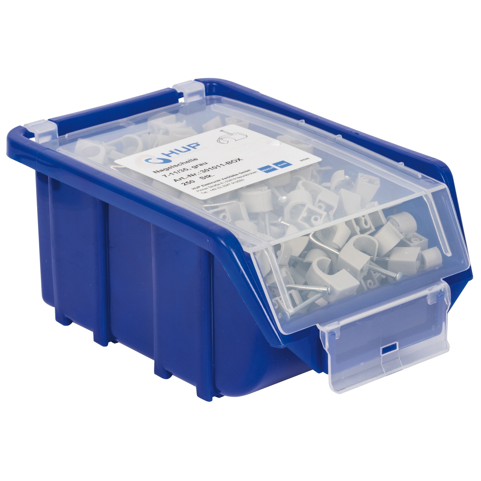 Haft-Clip mit Nagel 7–11/35 mm | 250 Stück in Box | HUP Befestigungsclip für Kabel & Leitungen | Nagelmontage | UV-beständig | robuster Kunststoff | ideal für Elektroinstallation & Trockenbau