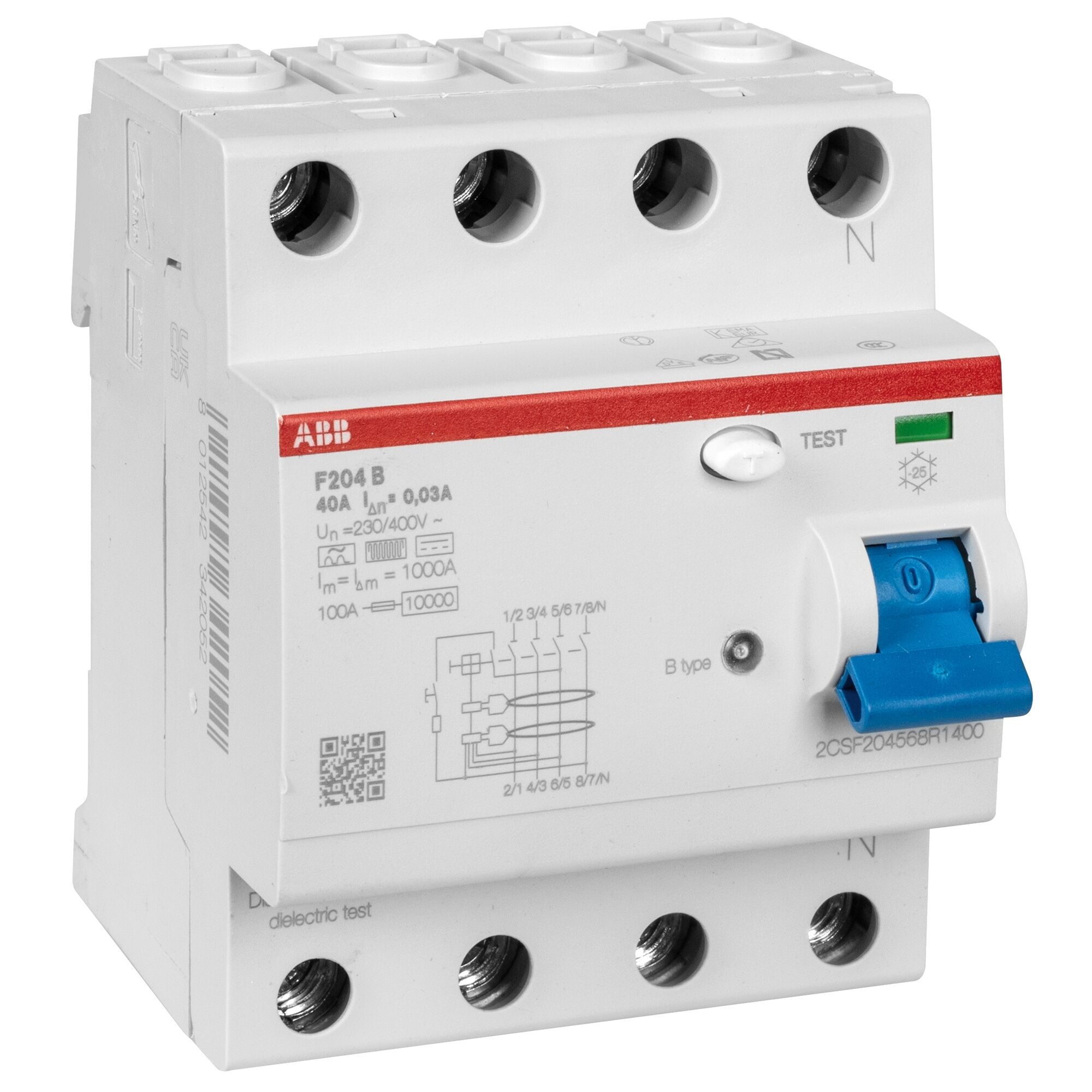 ABB F204B-40/0,03 FI‑Schutzschalter 4‑polig | 40 A + 30 mA Typ B | 400 V AC | 3 kA Stoßstrom | 4TE, -25 °C – +70 °C allstromsensitive