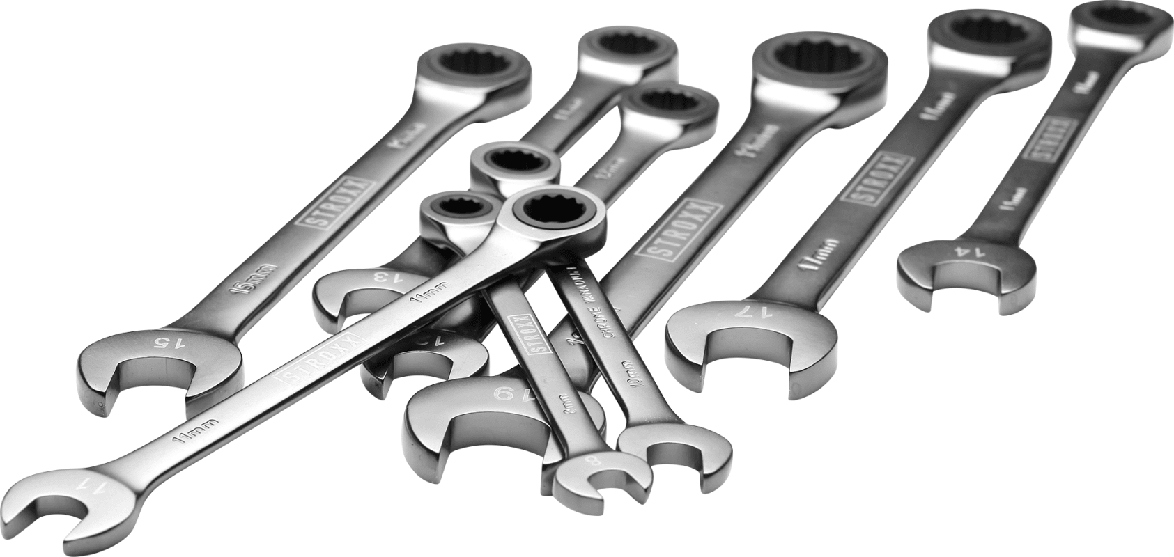 STROXX 9‑tlg. Maul‑ & Ring‑Ratschenschlüssel‑Satz 8–19 mm | Chrom‑Vanadium, matt verchromt, 72‑Zahn Umschalt‑Ratsche