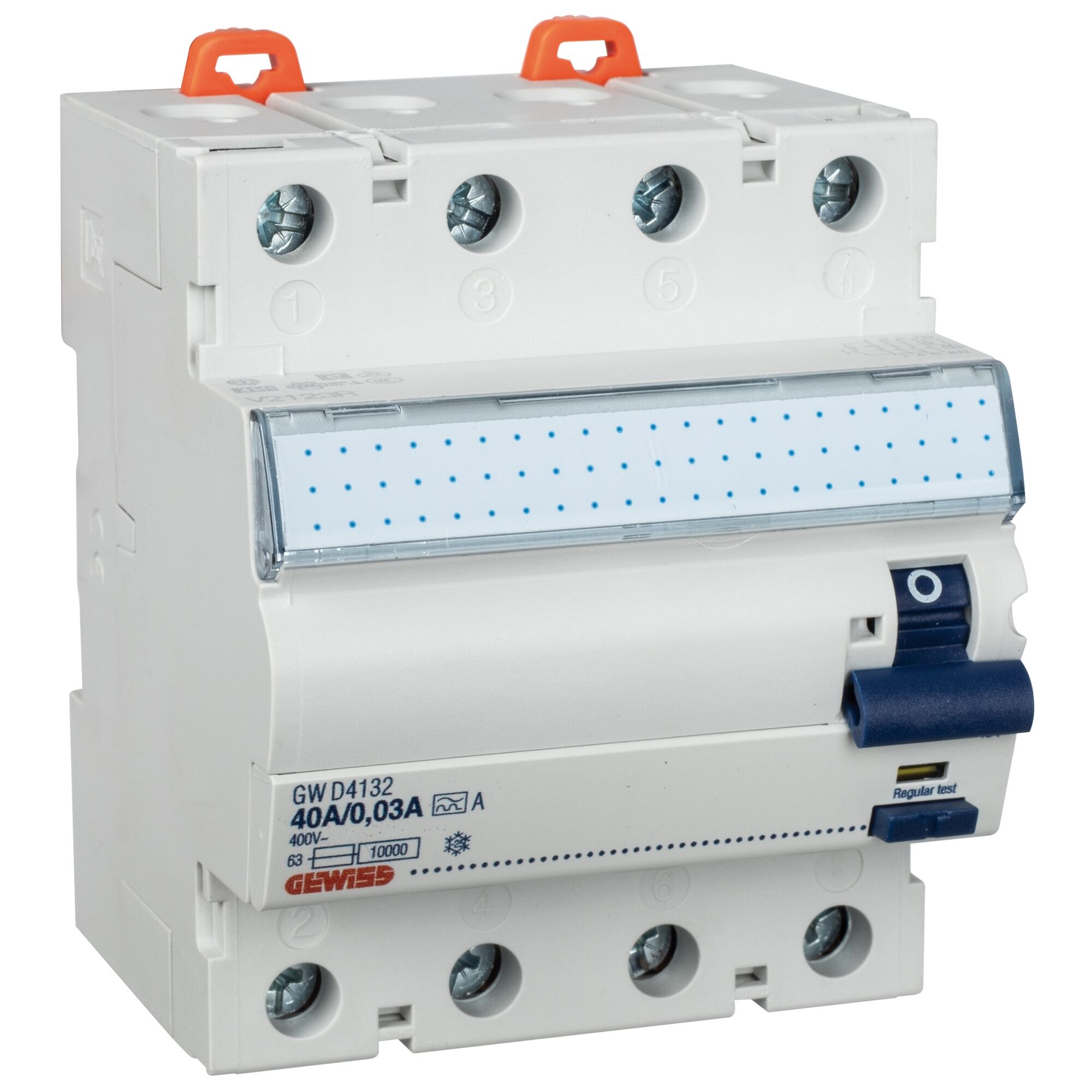 GEWISS 4‑poliger FI‑Schutzschalter 40 A • 30 mA Typ A • 400/415 V • 10 kA(Icw) • Überspannungsklasse III • 3 kA/4 kV Stoßstrom • 4 TE • Selbsttest • DIN‑Hutschiene