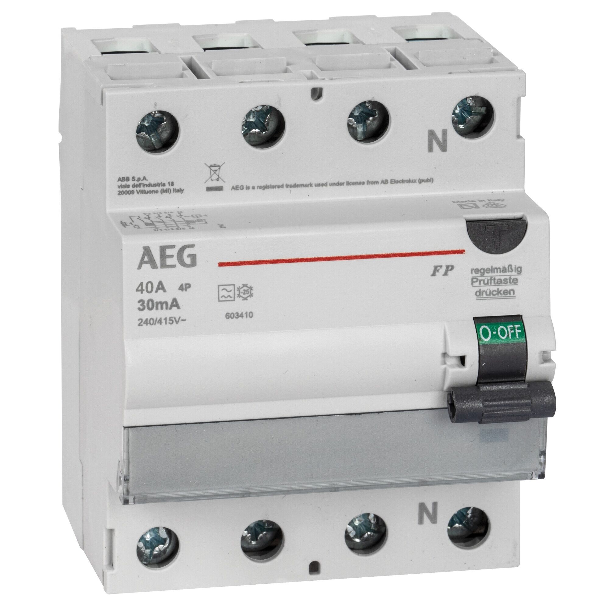 AEG FI-Schutzschalter Typ A, 4‑polig, 40 A/30 mA, 400 V AC – 6 kA kurzschlussfest, IP20, DIN-Schiene, 4‑TE kompakte Bauform