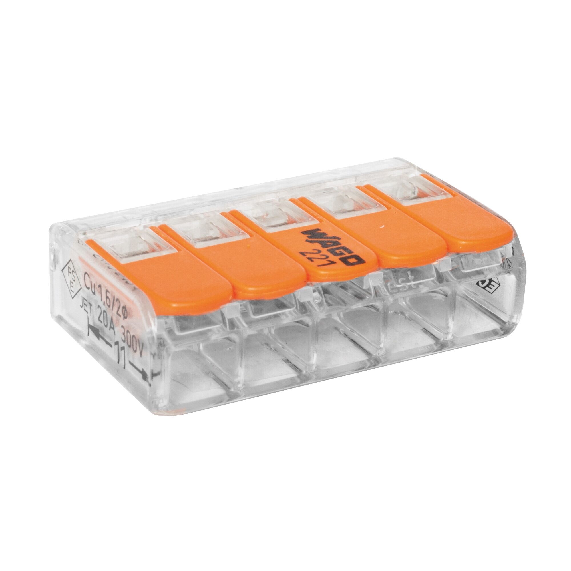 WAGO 221‑415 Hebelklemme 5‑polig, 0,2–4 mm² CAGE‑CLAMP®, 32 A/450 V – Transparente Compact Anschlussdose mit 2 Prüföffnungen & werkzeugfreiem Hebel 25 Stck