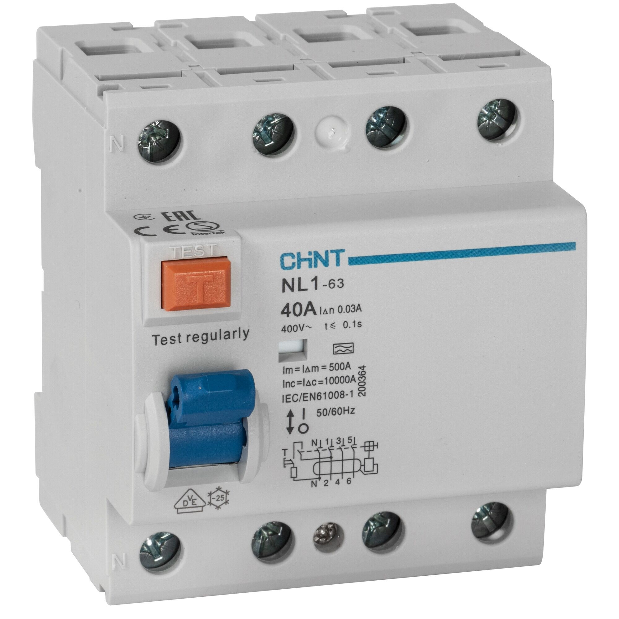 CHINT NL1‑63 FI‑Schutzschalter 4‑polig 40 A Typ A – 30 mA | 10 kA Kurzschlussfestigkeit | 400 V AC | DIN‑Schiene IP20