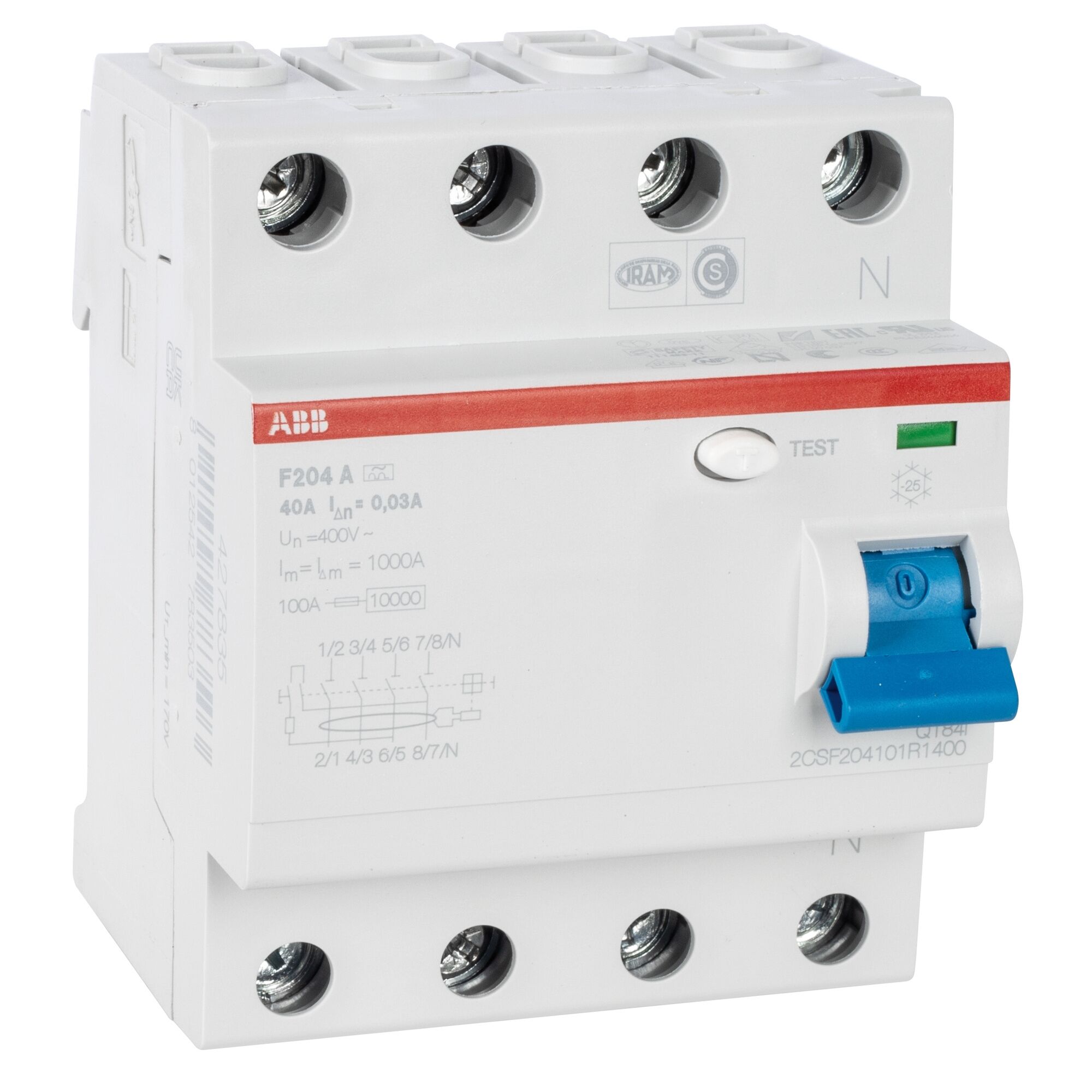 ABB F204 A‑40/0,03 | 4‑poliger Typ A FI‑Schutzschalter 40 A, 30 mA – 400 V AC | 10 kA IΔc kurzschlussfest, Montage DIN‑Schiene, IP20, 25 mm² Klemmen